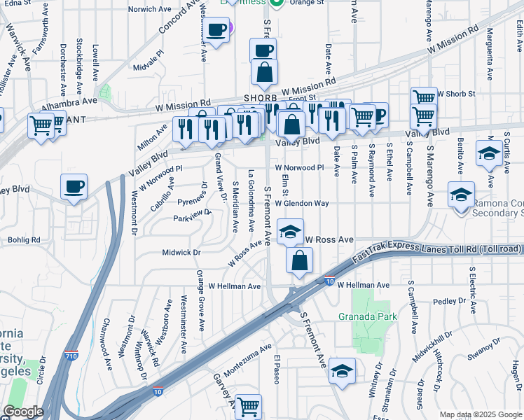 map of restaurants, bars, coffee shops, grocery stores, and more near 1705 South Fremont Avenue in Alhambra