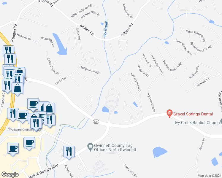 map of restaurants, bars, coffee shops, grocery stores, and more near 3104 Cedar Glade Lane Northeast in Buford