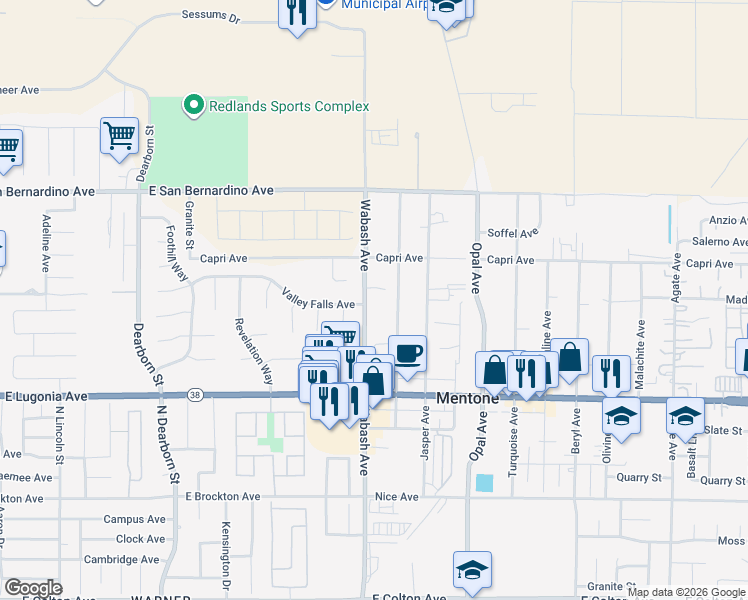 map of restaurants, bars, coffee shops, grocery stores, and more near 1353 Chrysolite Avenue in Mentone