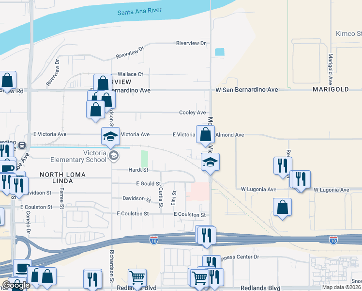 map of restaurants, bars, coffee shops, grocery stores, and more near 1905 East Victoria Avenue in San Bernardino