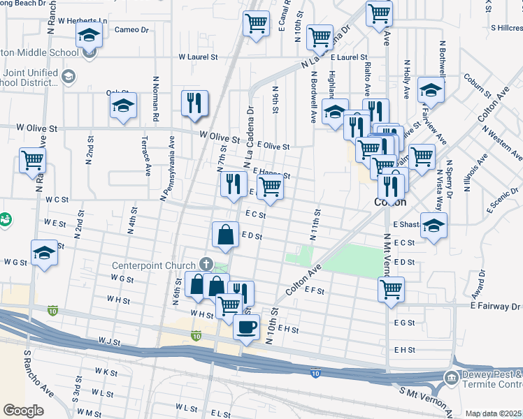 map of restaurants, bars, coffee shops, grocery stores, and more near 894 North 9th Street in Colton