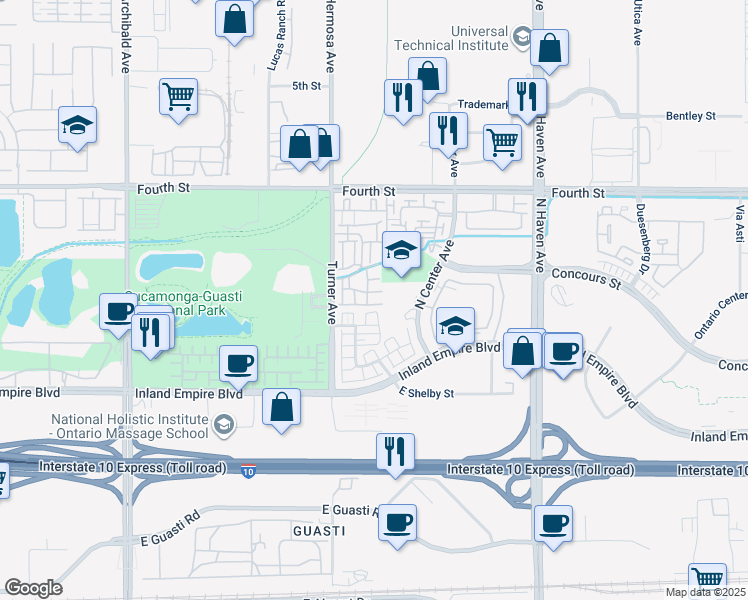 map of restaurants, bars, coffee shops, grocery stores, and more near 956 Hermosa Avenue in Ontario