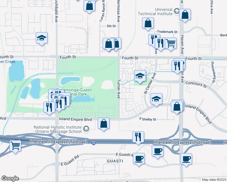 map of restaurants, bars, coffee shops, grocery stores, and more near 831 Turner Avenue in Ontario