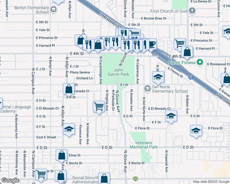 map of restaurants, bars, coffee shops, grocery stores, and more near 852 North Parkside Drive in Ontario
