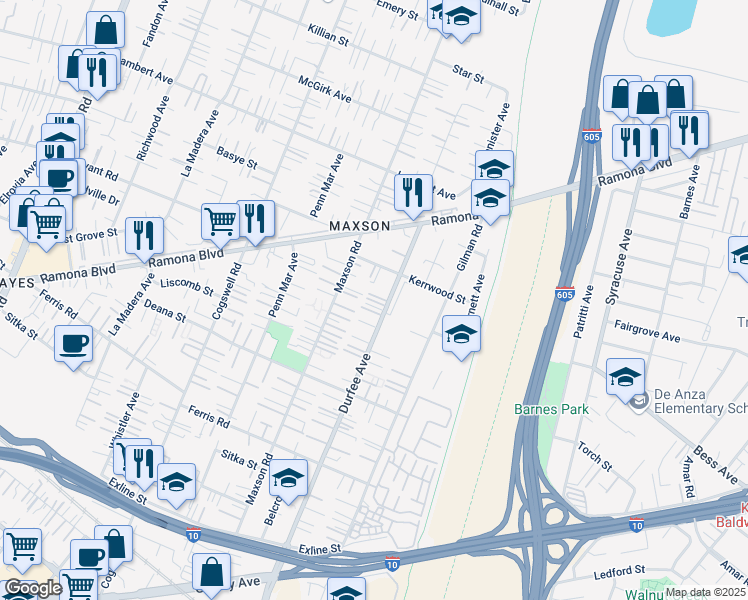 map of restaurants, bars, coffee shops, grocery stores, and more near 4047 Durfee Avenue in El Monte