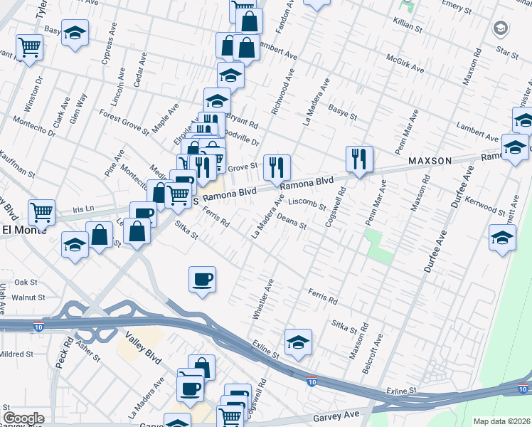 map of restaurants, bars, coffee shops, grocery stores, and more near 3812 La Madera Avenue in El Monte