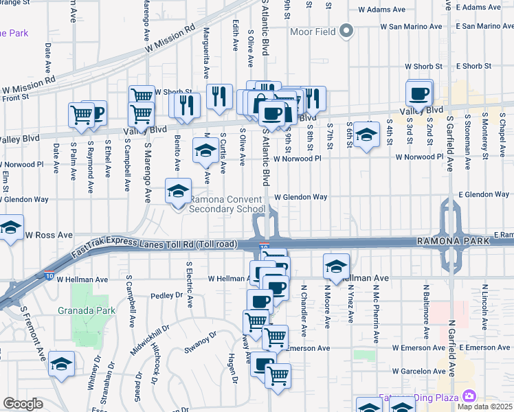 map of restaurants, bars, coffee shops, grocery stores, and more near in Alhambra