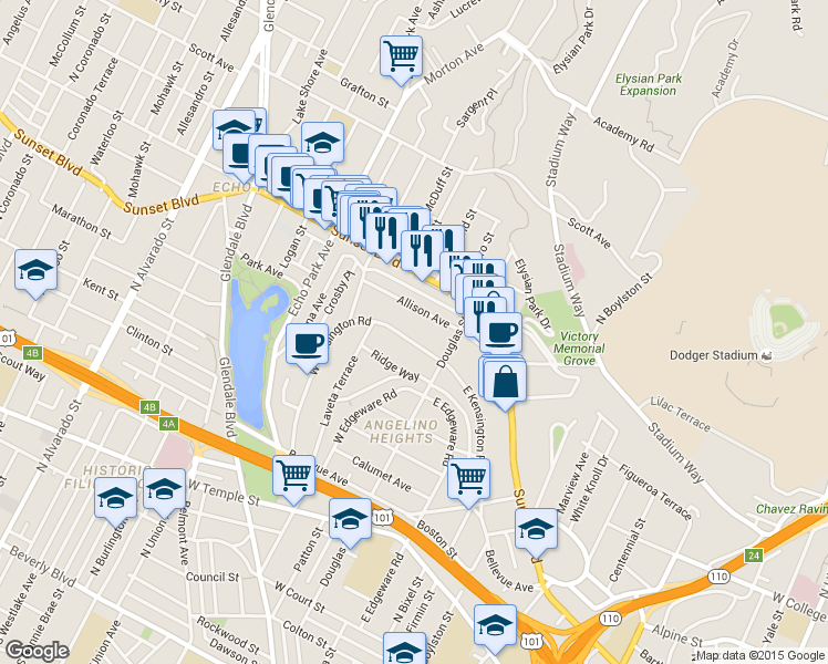 map of restaurants, bars, coffee shops, grocery stores, and more near 1440 Allison Avenue in Los Angeles