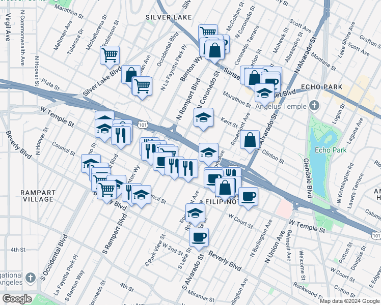 map of restaurants, bars, coffee shops, grocery stores, and more near 440 North Coronado Street in Los Angeles