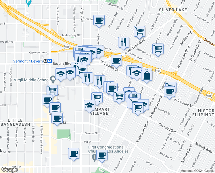 map of restaurants, bars, coffee shops, grocery stores, and more near 3203 1/2 Council Street in Los Angeles