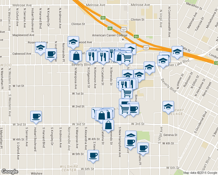 map of restaurants, bars, coffee shops, grocery stores, and more near 141 North Berendo Street in Los Angeles