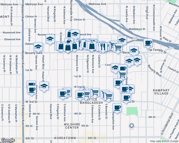map of restaurants, bars, coffee shops, grocery stores, and more near 136 North Edgemont Street in Los Angeles