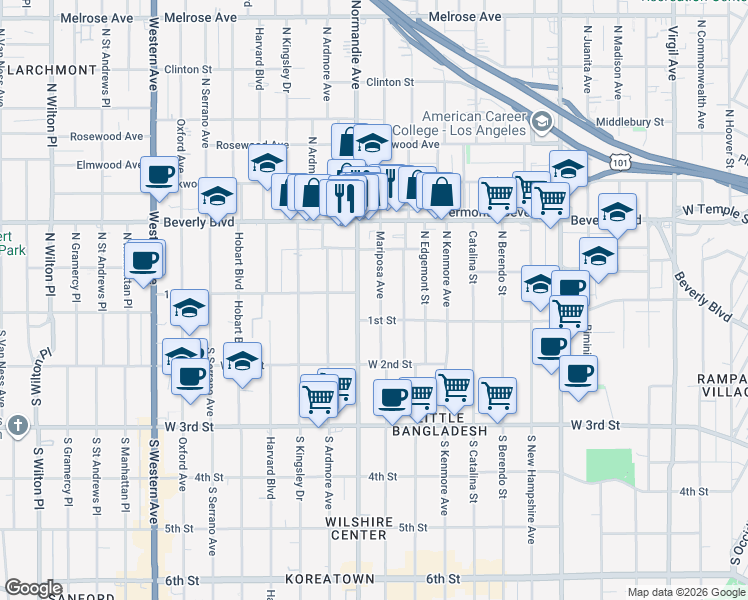 map of restaurants, bars, coffee shops, grocery stores, and more near 136 North Mariposa Avenue in Los Angeles
