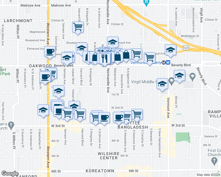 map of restaurants, bars, coffee shops, grocery stores, and more near 101 North Normandie Avenue in Los Angeles
