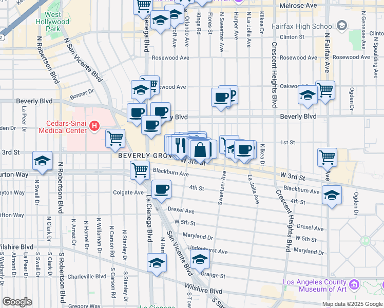 map of restaurants, bars, coffee shops, grocery stores, and more near in West Hollywood