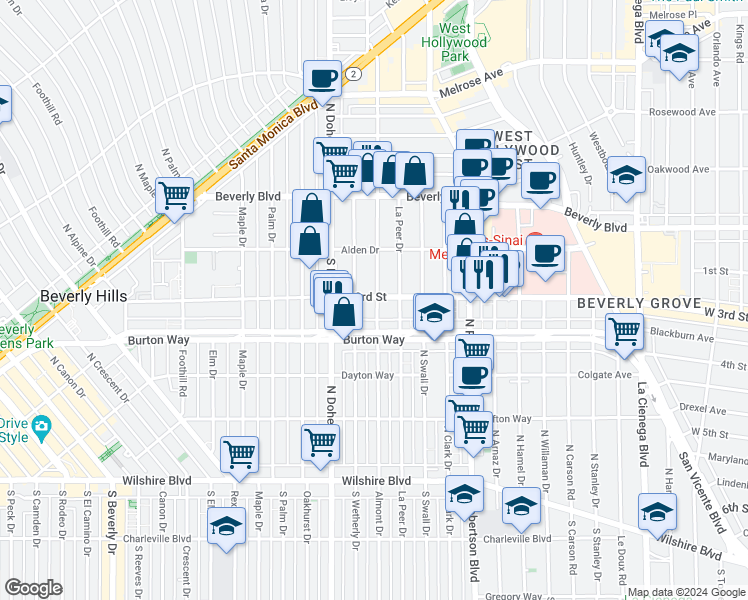 map of restaurants, bars, coffee shops, grocery stores, and more near 142 South Almont Drive in Los Angeles