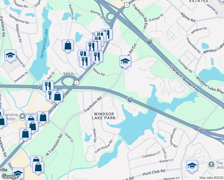 map of restaurants, bars, coffee shops, grocery stores, and more near Trenholm Rd in Columbia