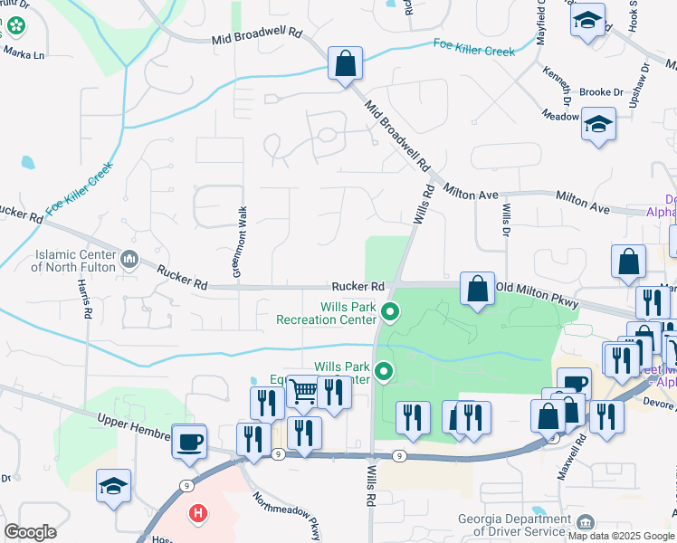 map of restaurants, bars, coffee shops, grocery stores, and more near 1614 Rucker Road in Alpharetta