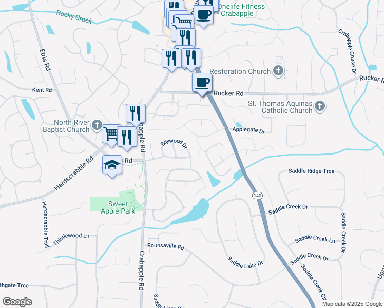 map of restaurants, bars, coffee shops, grocery stores, and more near 5065 Baywood Drive in Roswell