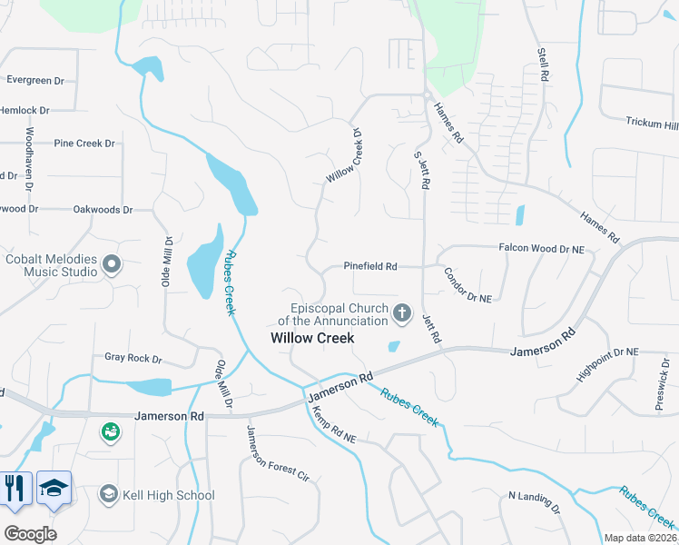 map of restaurants, bars, coffee shops, grocery stores, and more near 1650 Pinefield Road in Marietta