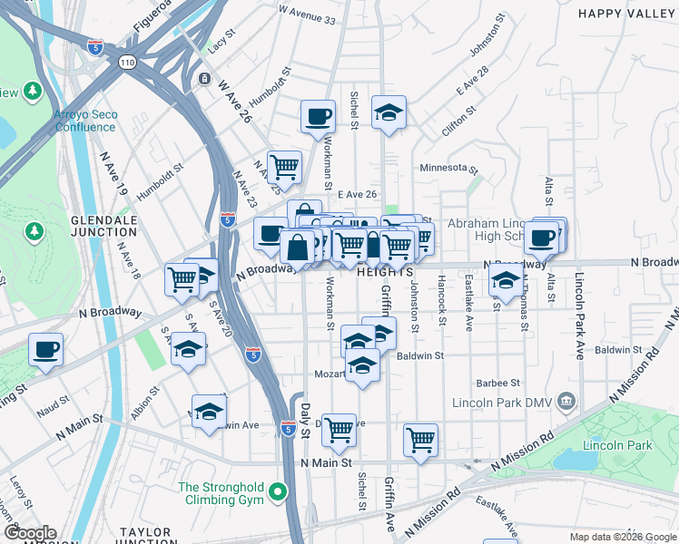 map of restaurants, bars, coffee shops, grocery stores, and more near 2725 North Broadway in Los Angeles