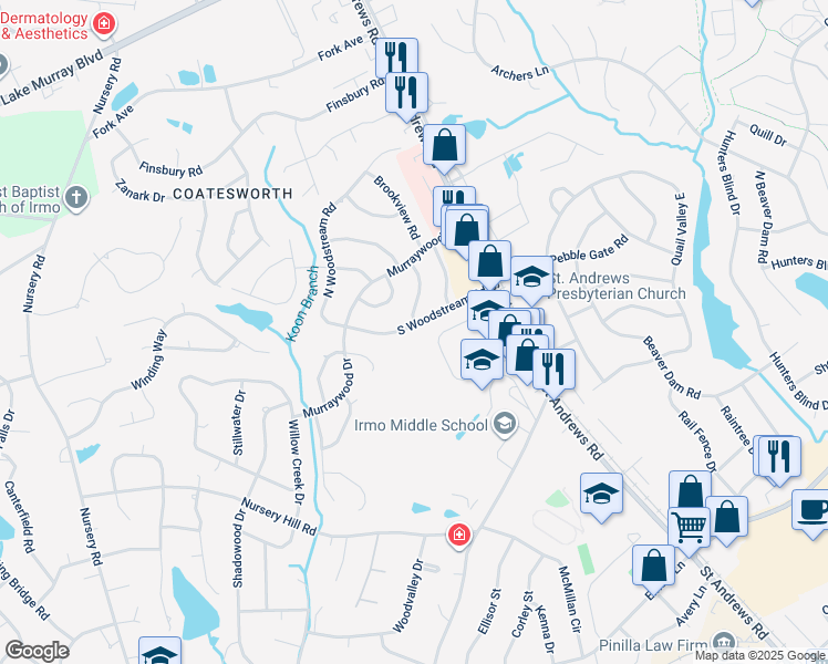 map of restaurants, bars, coffee shops, grocery stores, and more near 1401 South Woodstream Road in Columbia