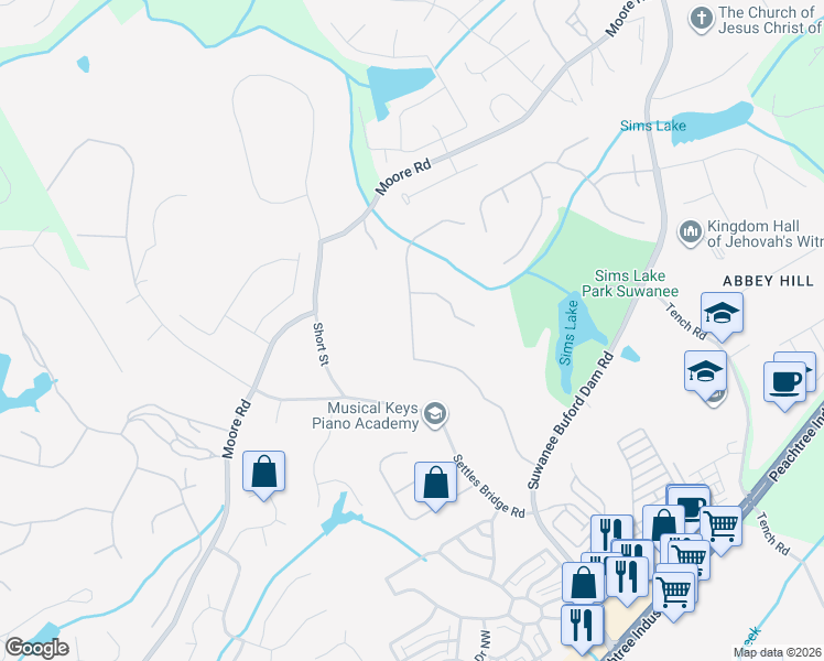 map of restaurants, bars, coffee shops, grocery stores, and more near 4780 Settles Point Road in Suwanee