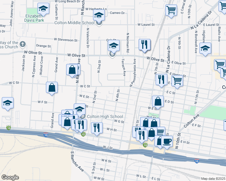 map of restaurants, bars, coffee shops, grocery stores, and more near C Street in Colton