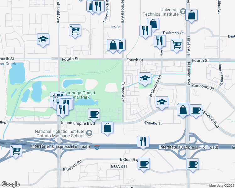 map of restaurants, bars, coffee shops, grocery stores, and more near 831 Turner Avenue in Ontario