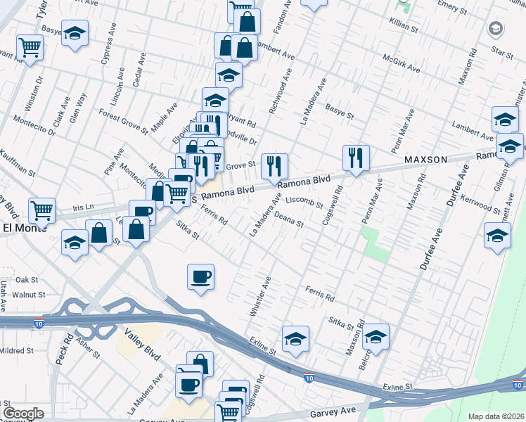 map of restaurants, bars, coffee shops, grocery stores, and more near 3812 La Madera Avenue in El Monte