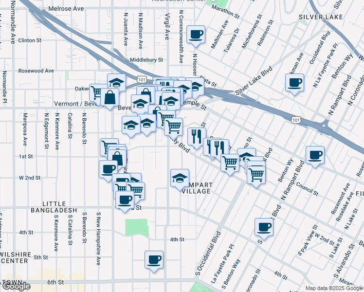 map of restaurants, bars, coffee shops, grocery stores, and more near Beverly Boulevard & South Commonwealth Avenue in Los Angeles