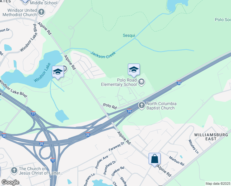map of restaurants, bars, coffee shops, grocery stores, and more near 1270 Polo Road in Columbia