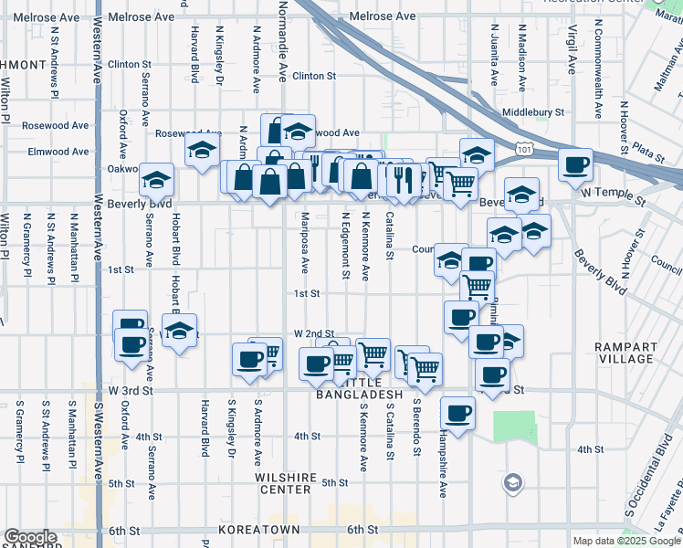map of restaurants, bars, coffee shops, grocery stores, and more near 121 North Edgemont Street in Los Angeles