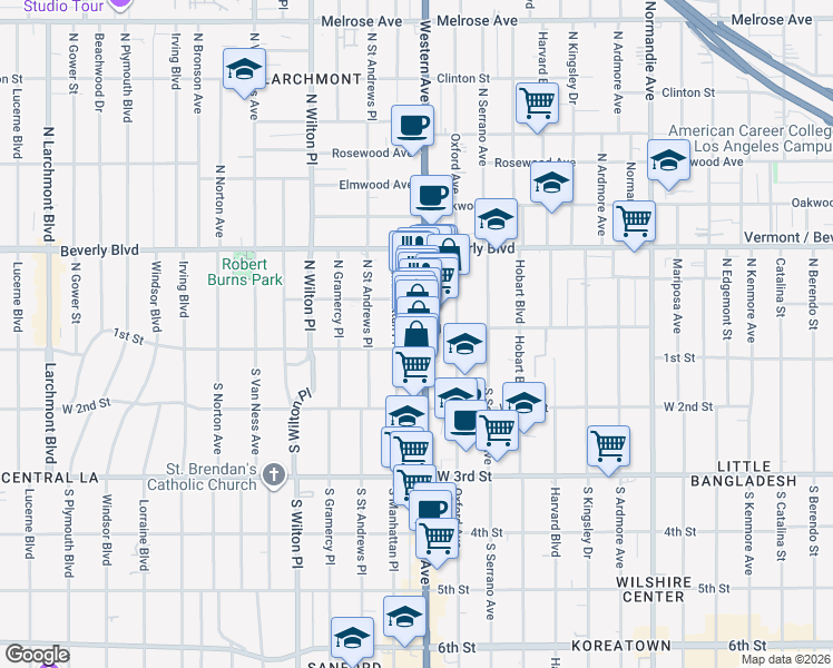 map of restaurants, bars, coffee shops, grocery stores, and more near 115 North Western Avenue in Los Angeles