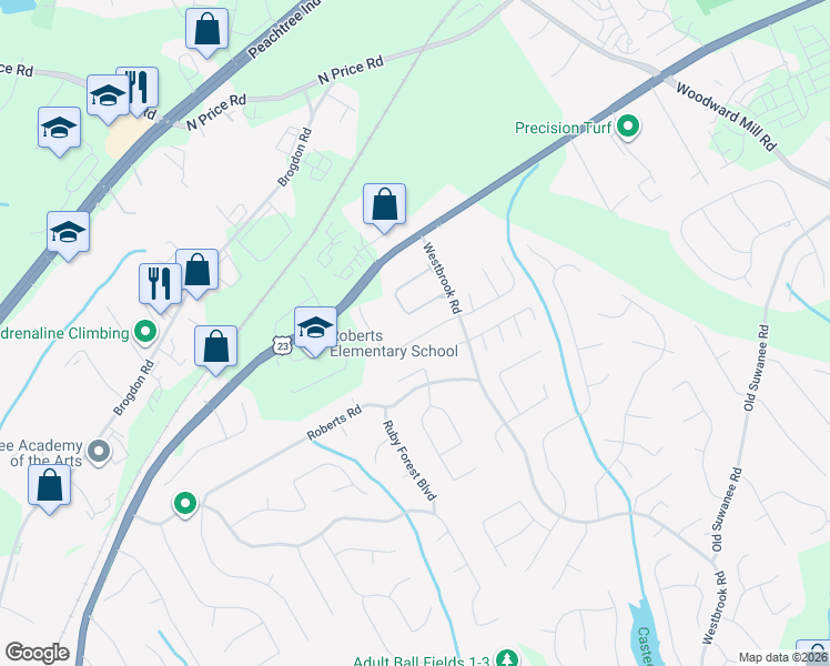 map of restaurants, bars, coffee shops, grocery stores, and more near 392 Creek Manor Way in Suwanee