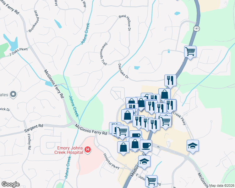 map of restaurants, bars, coffee shops, grocery stores, and more near 115 Antler Trail in Alpharetta