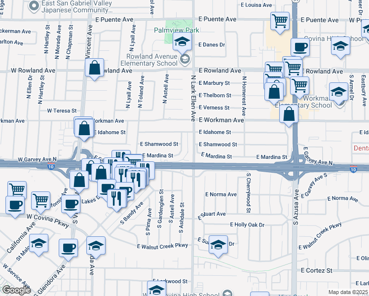 map of restaurants, bars, coffee shops, grocery stores, and more near 132 North Mardina Street in West Covina