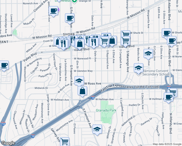 map of restaurants, bars, coffee shops, grocery stores, and more near 1645 Edgewood Drive in Alhambra