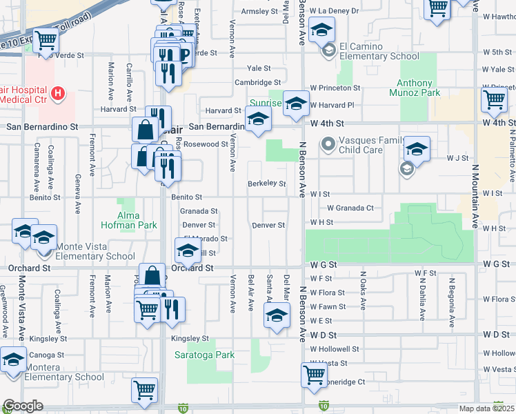 map of restaurants, bars, coffee shops, grocery stores, and more near 9932 Santa Anita Avenue in Montclair