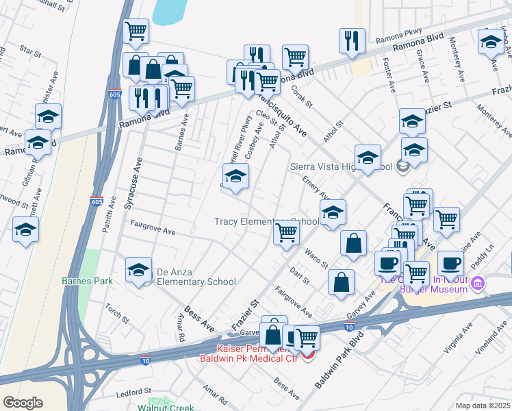 map of restaurants, bars, coffee shops, grocery stores, and more near 3430 Athol Street in Baldwin Park
