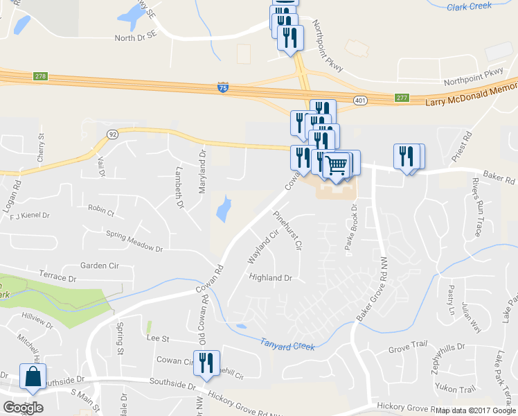 map of restaurants, bars, coffee shops, grocery stores, and more near 4901 Cowan Road in Acworth