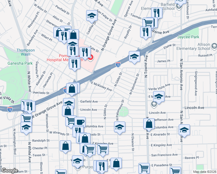 map of restaurants, bars, coffee shops, grocery stores, and more near 285 East McKinley Avenue in Pomona