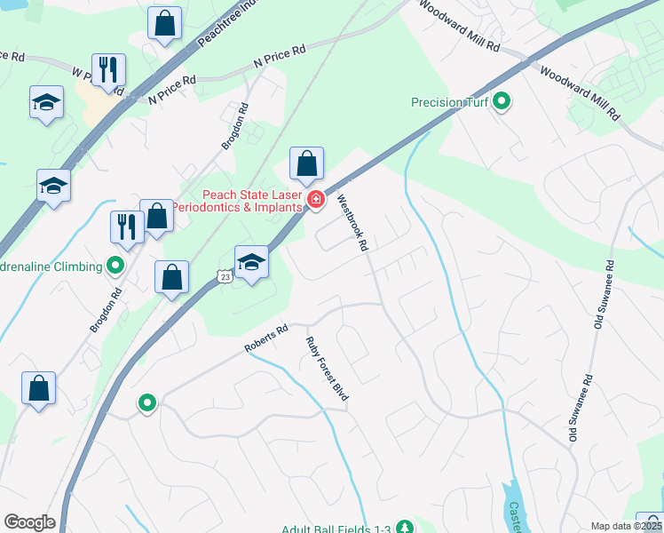 map of restaurants, bars, coffee shops, grocery stores, and more near 394 Creek Manor Way in Suwanee