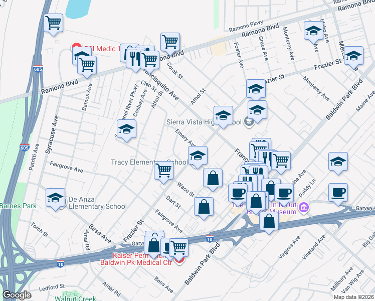 map of restaurants, bars, coffee shops, grocery stores, and more near 13244 Emery Avenue in Baldwin Park