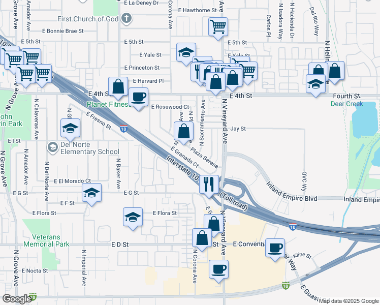map of restaurants, bars, coffee shops, grocery stores, and more near 1814 Plaza Serena in Ontario