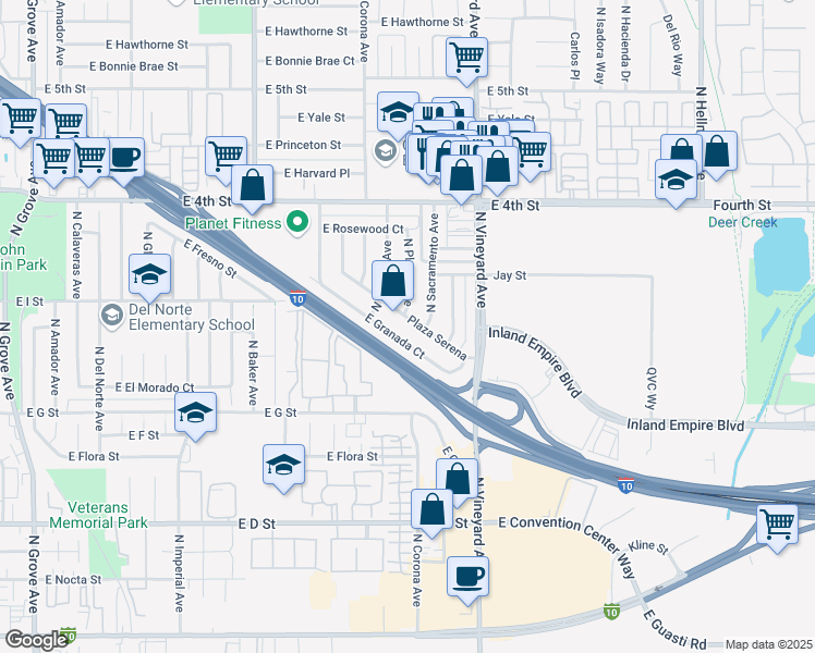 map of restaurants, bars, coffee shops, grocery stores, and more near 1814 Plaza Serena in Ontario