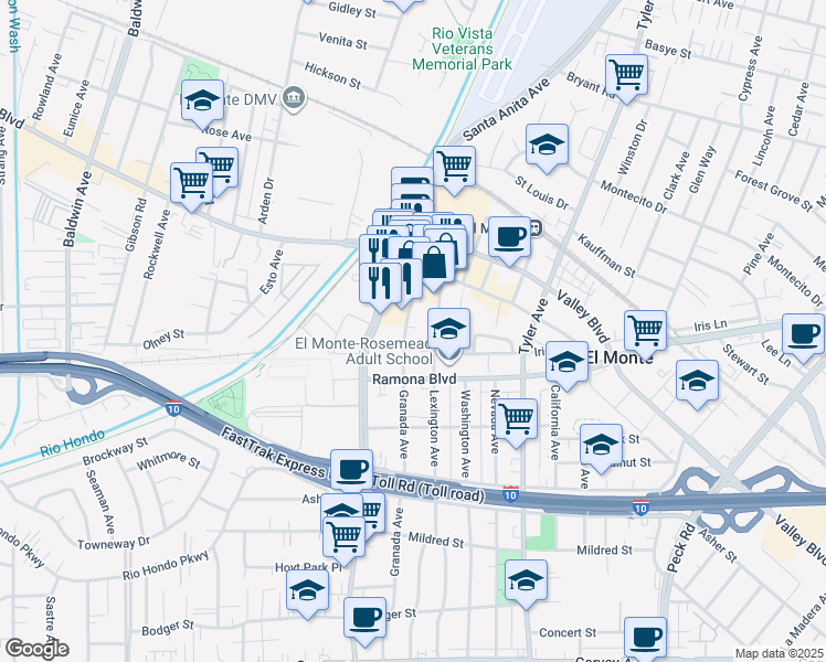 map of restaurants, bars, coffee shops, grocery stores, and more near 3544 Granada Avenue in El Monte