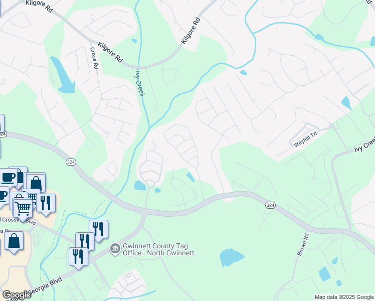 map of restaurants, bars, coffee shops, grocery stores, and more near Attewood Drive in Buford