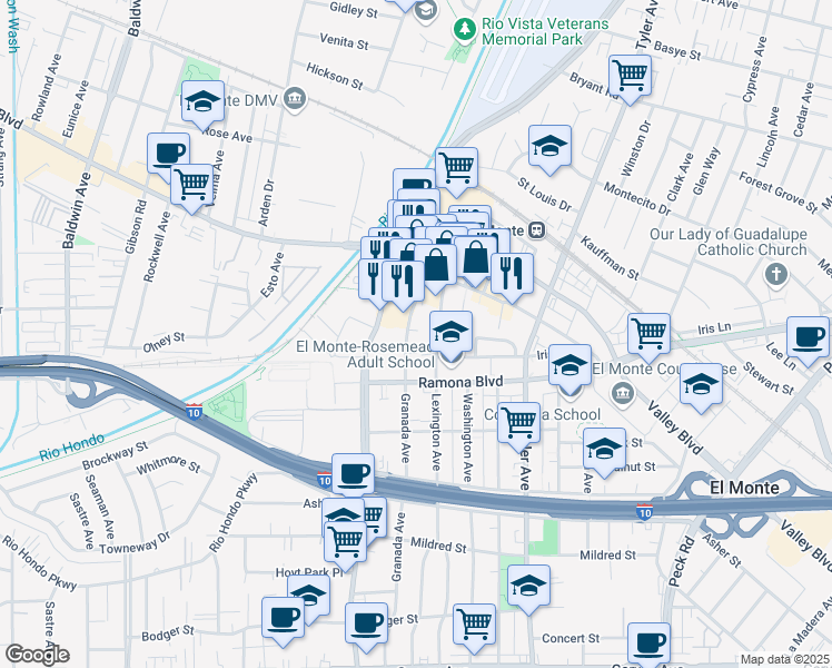 map of restaurants, bars, coffee shops, grocery stores, and more near 3544 Granada Avenue in El Monte