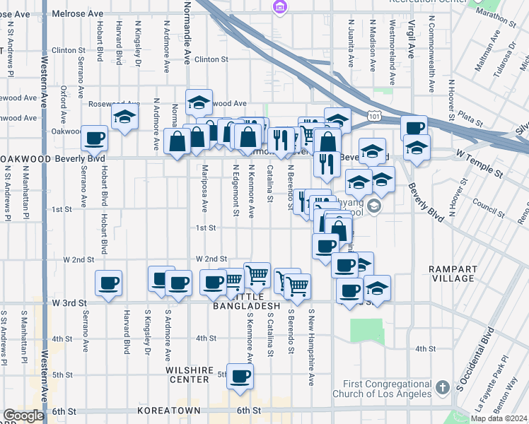 map of restaurants, bars, coffee shops, grocery stores, and more near 127 Catalina Street in Los Angeles
